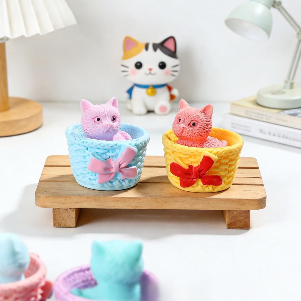 5Pcs Multicolors Basket Cat Animal Miniatures Resin Ornaments DIY Fairy Garden Decoration Moss Terrarium Micro Landscape