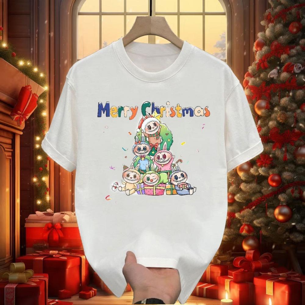 

Christmas Cute LABUBU Printed Holiday T-shirt, Made of Polyester Fiber, Round Neck Design Women s Blouse, Comfortable to Wear S