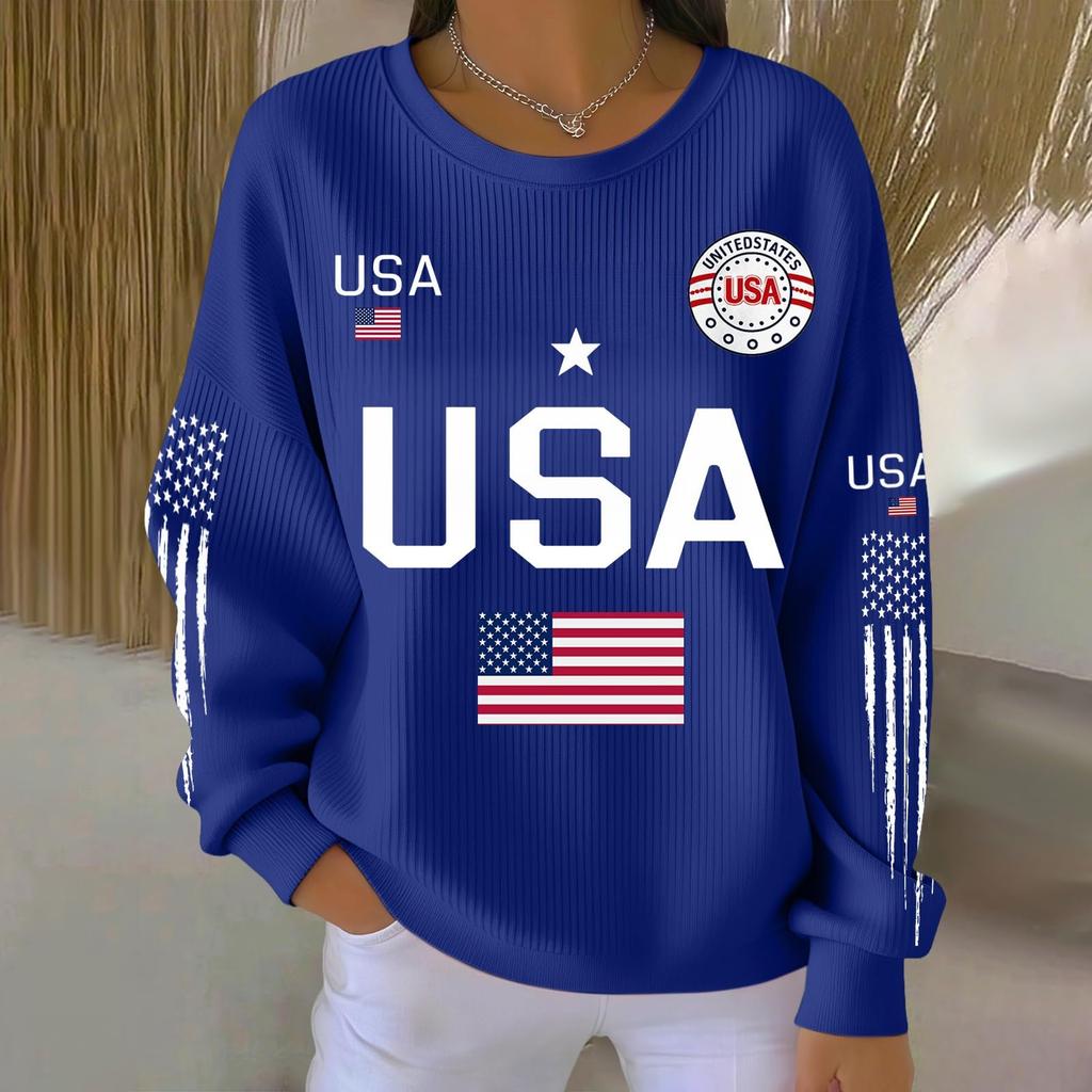 Bluza z długim rękawem z nadrukiem liter USA, z okrągłym dekoltem, casualowa, luźny krój, top dla kobiet, mężczyzn, unisex, wzór flagi