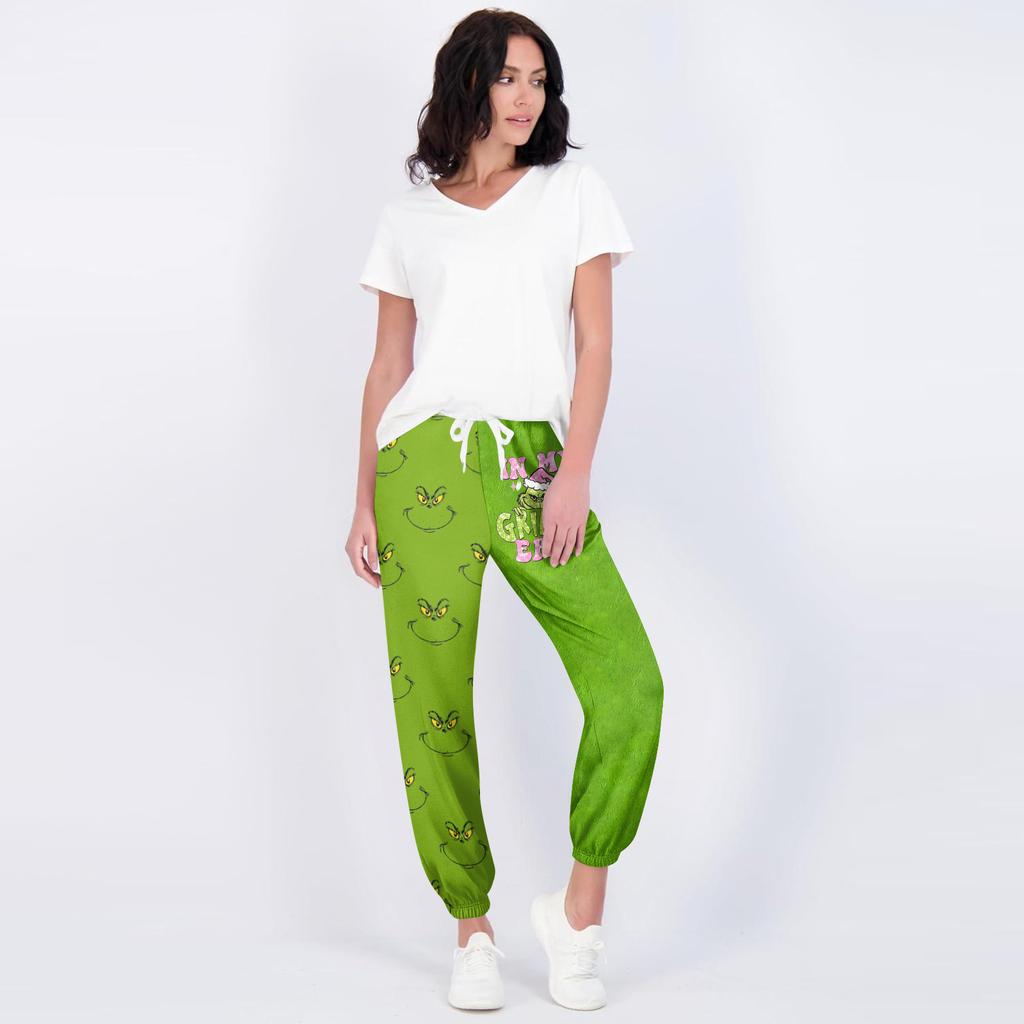 Women's Casual Fashion Christmas Print Sweatpants With Drawstring Waistband And Cuffed Legs