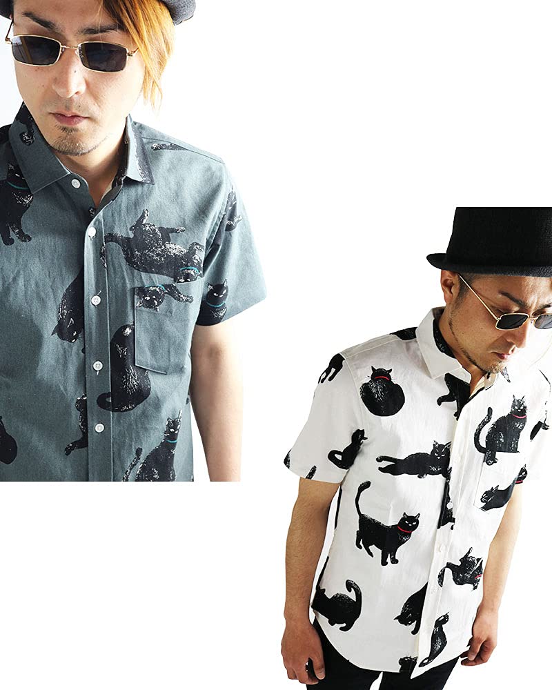 Quintet Black Cat Print Short Made in Cat Animal 10 Shirt, Men's Sleeve, Japan, Print, Print, 01-79416 (L, White)
