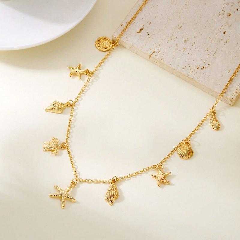 1pc Bohemian Style Random Starfish, Shell, Turtle Pendant Necklace, Suitable for Beach Vacation, Travel, Party, Dinner Wear