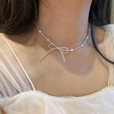 Tatlı Şeffaf Boncuklu İnci Fiyonk Kolye Kadın Nazik Sevimli Zarif Moda Çok Yönlü Boyun Zinciri Köprücük Kemiği Zinciri