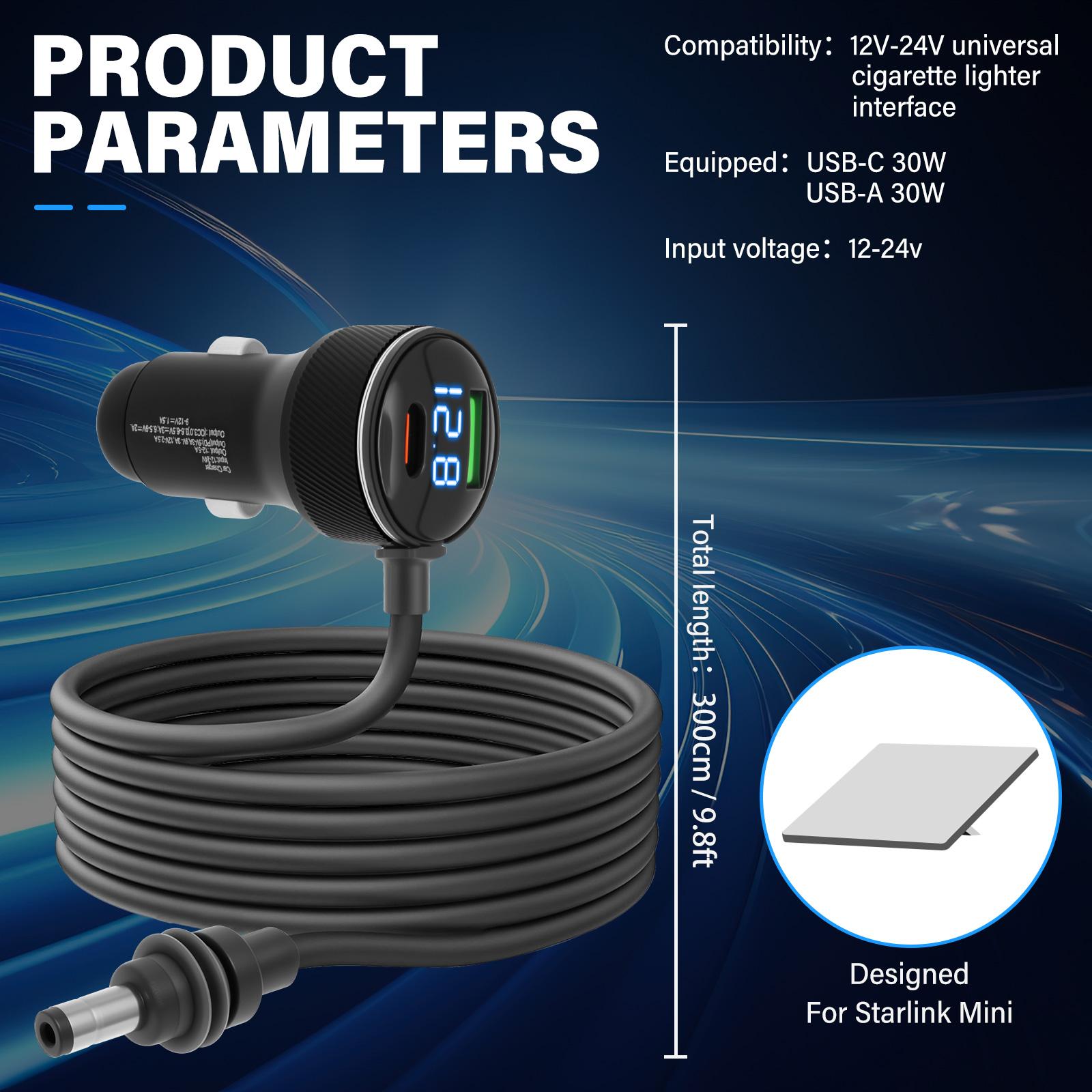 

3 in 1 Car Charger DC Power Cable Cigarette Lighter Adapter 12V-24V with Digital Display Starlink Mini Cable USB C USB A 30W Por