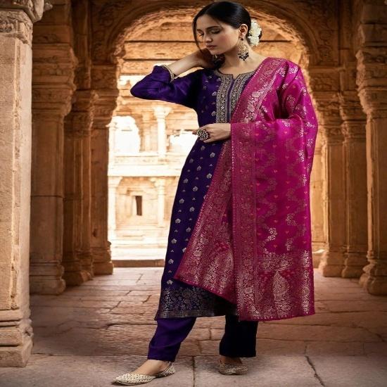 Women's Royal Purple Silk Banarasi Kurta with Straight Pants and Magenta Dupatta Set