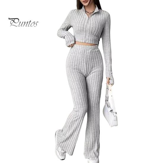 2 Pcs/Set Women Spring Commuting Outfit Top Flared Pants Set Zipper Closure Thread Stand Collar Coat High Waist Sport Tracksuit Elastic Daily Clothes
