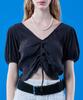 KOLEAT Cooling Pleated Ribbon Puff Crop Short Sleeve Tee [Black] V-Neck Ver.