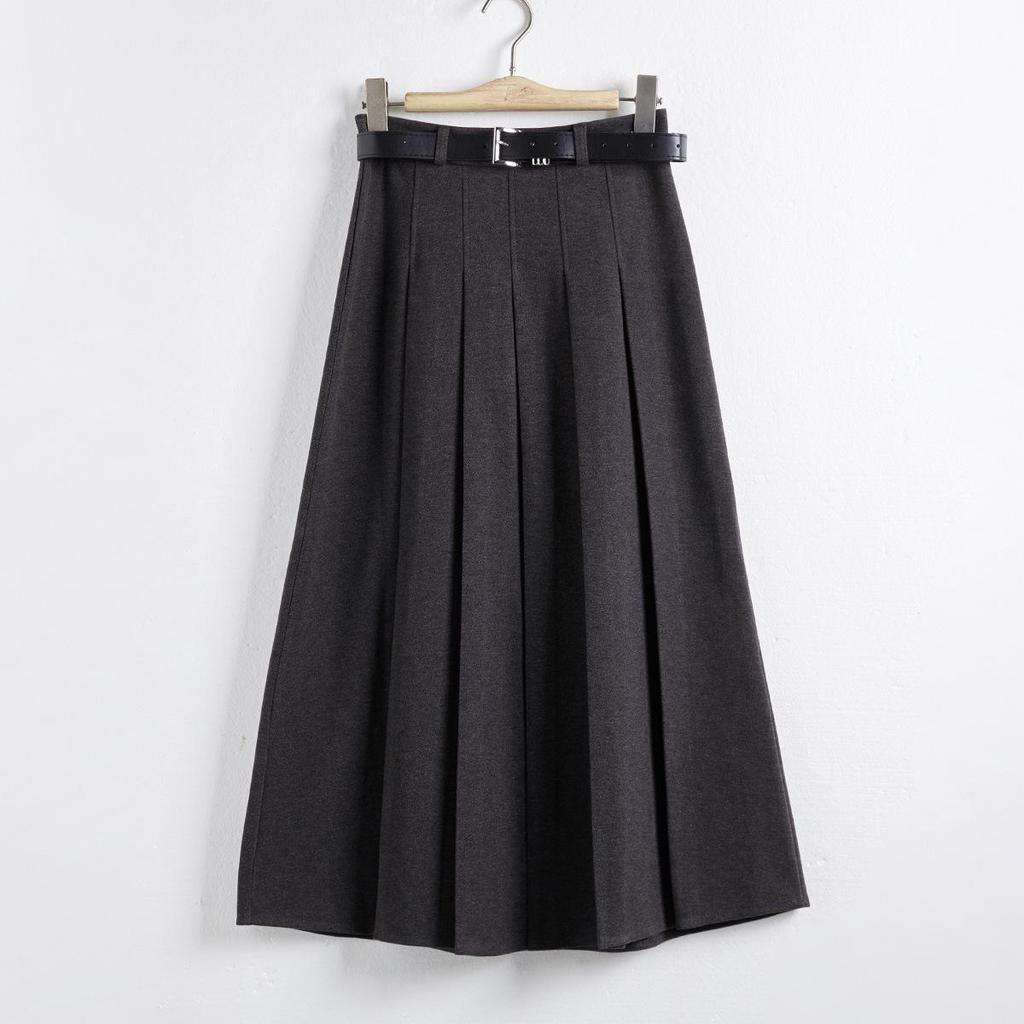 Lizhiqi Women's Woolen A-Line Pleated Midi Skirt - 2024 Winter Collection, High Waist, Slimming Fit