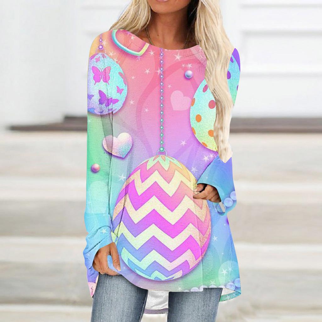 Round Neck 3D Rabbit Festival Printed Top Fashionable Casual Long Sleeved Women's T-shirts