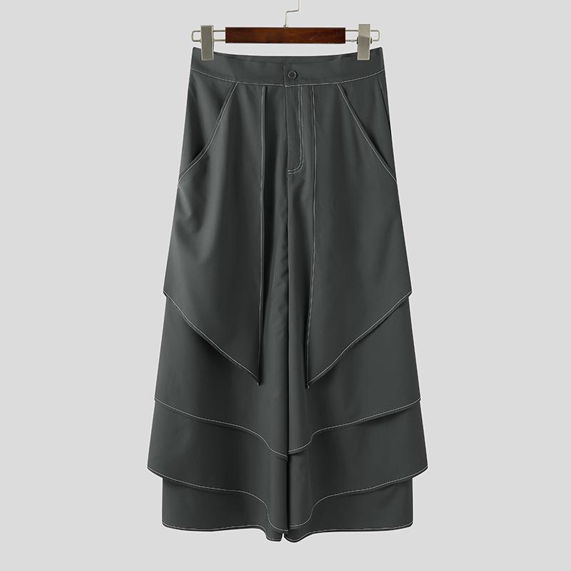 INCERUN Men Casual Loose Zipper Waist Front Irregular Layers Long Pants Trousers