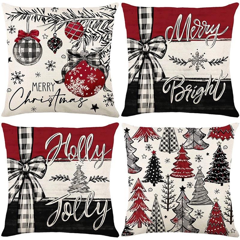 Christmas Theme Short Plush Pillow Cover Set Holiday Print Cushion Case for Living Room Sofa Home Decor 45x45cm