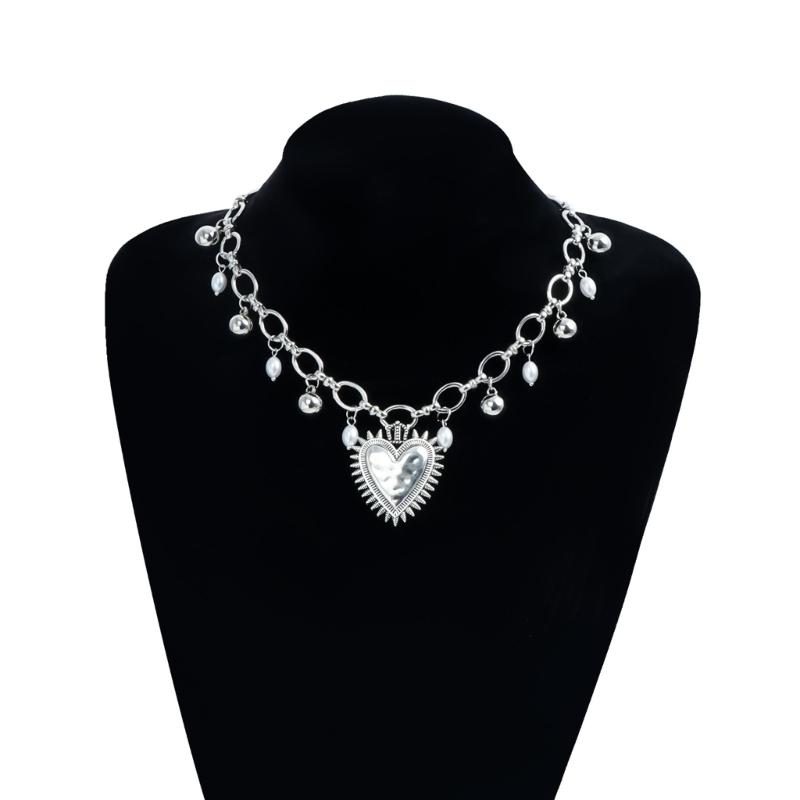 Distressed Heart Shaped Thorn Pendant Necklace With Imitation Pearls Adjustable Clavicle Chain Gift For Her
