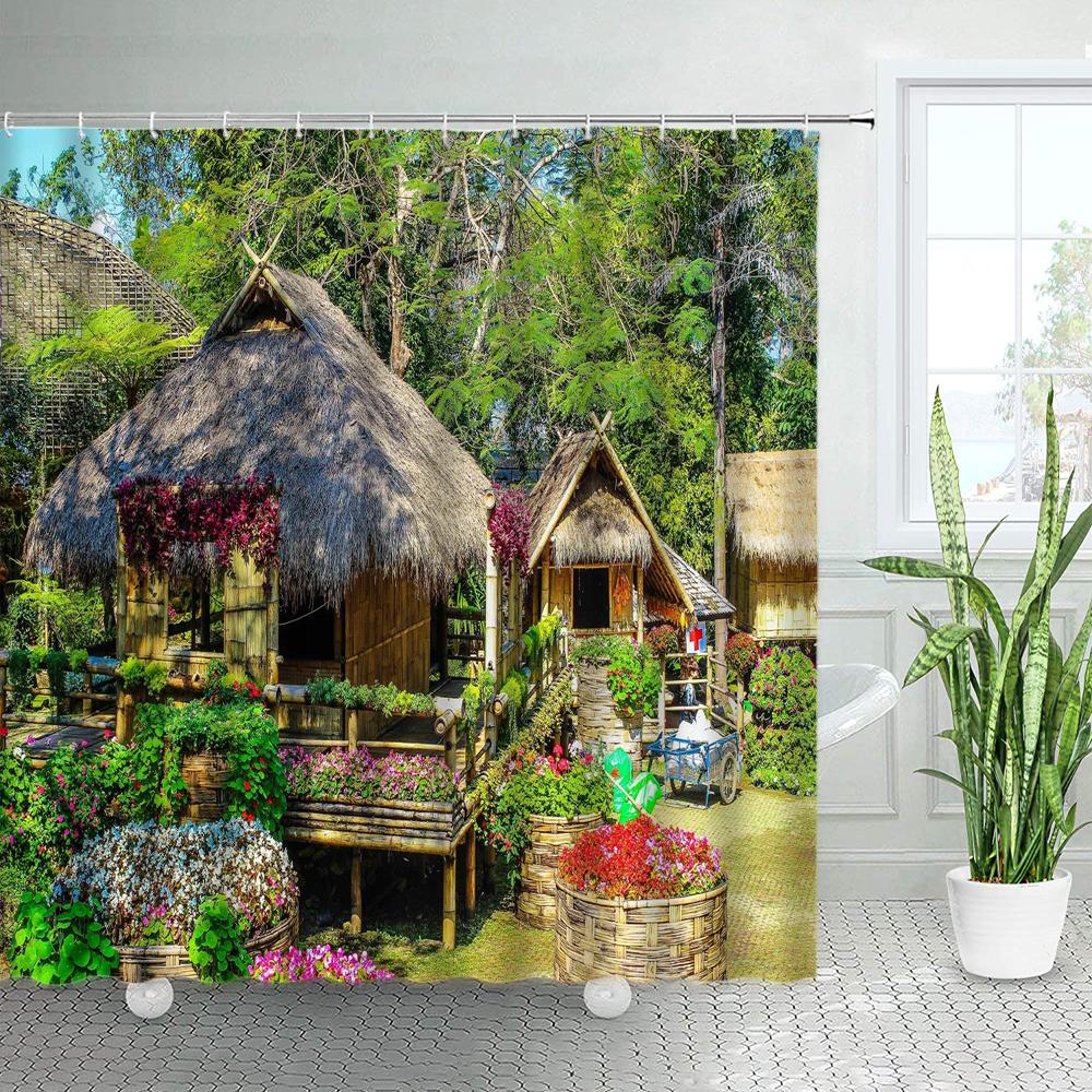 Spring Rural Landscape Shower Curtains Set Pink Flowers Tree Forest Natural Floral Green Plant Scenery With Hooks Bathroom Decor