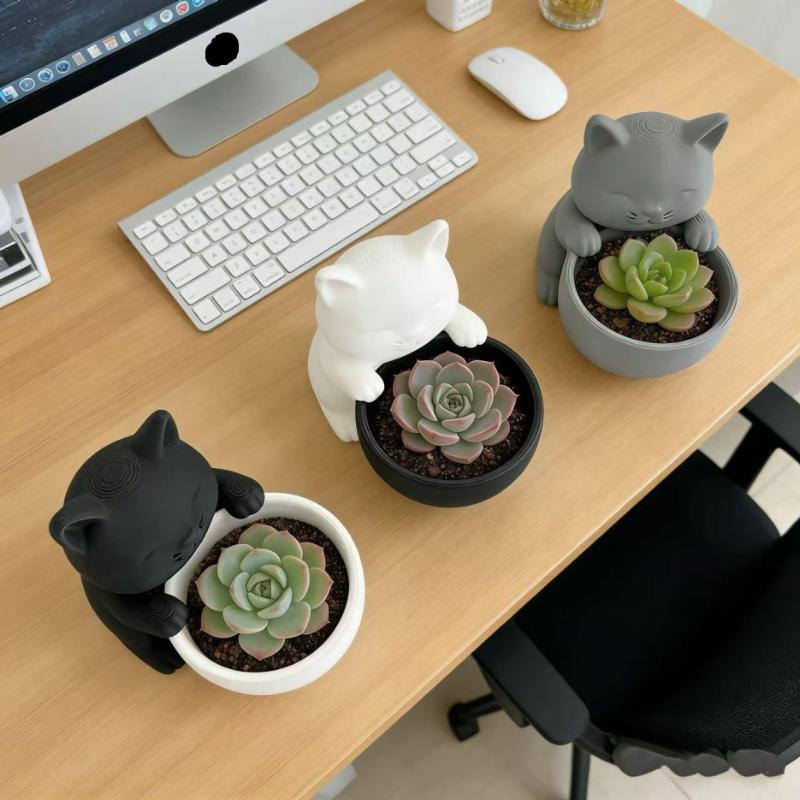 Cat-Shaped Pot With Drainage Holes Uniquely Designed For Succulents Small Flowers And Cacti Bedroom Offices Desktop Ornament