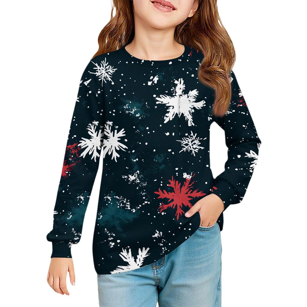 Christmas Day Girls' Long Sleeve Blouse - Round Neck Soft Waist Tunic