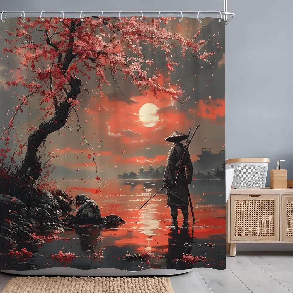 Japanese Red Cherry Blossom Seascape Shower Curtain Chinese Landscape Ink Painting Printed Fabric Shower Curtains Bathroom .