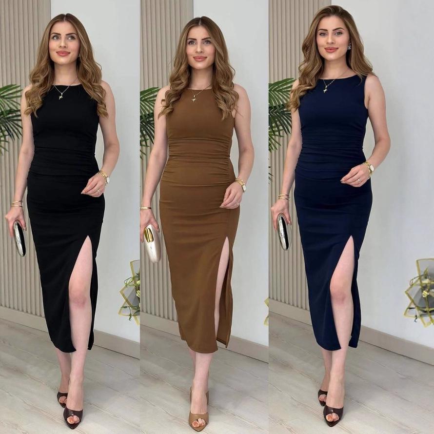 

2025 Лето Женское Модное Сексуальное Платье Бодикон с Разрезом M темно-синий