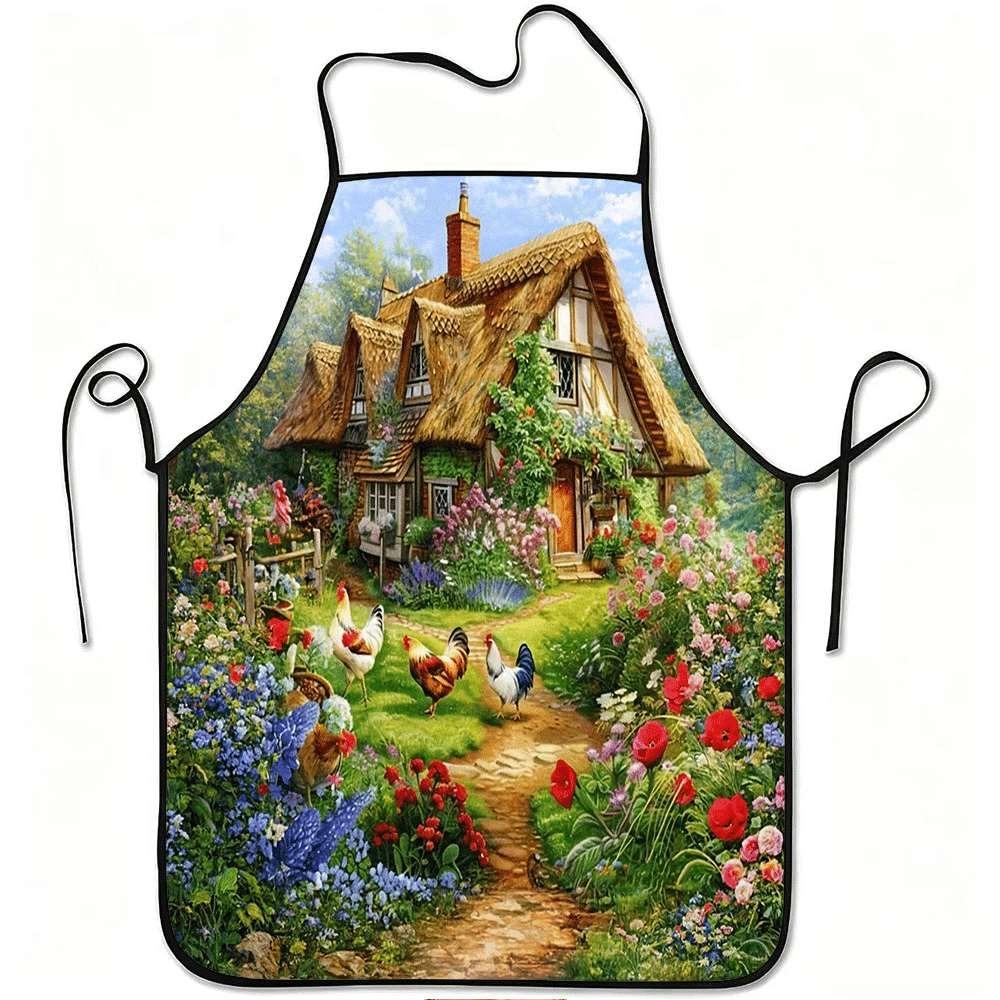 1pc Country Cottage Garden with Rooster Printed Apron | Durable Polyester with Adjustable Belt, Perfect for Kitchen Gardening, O
