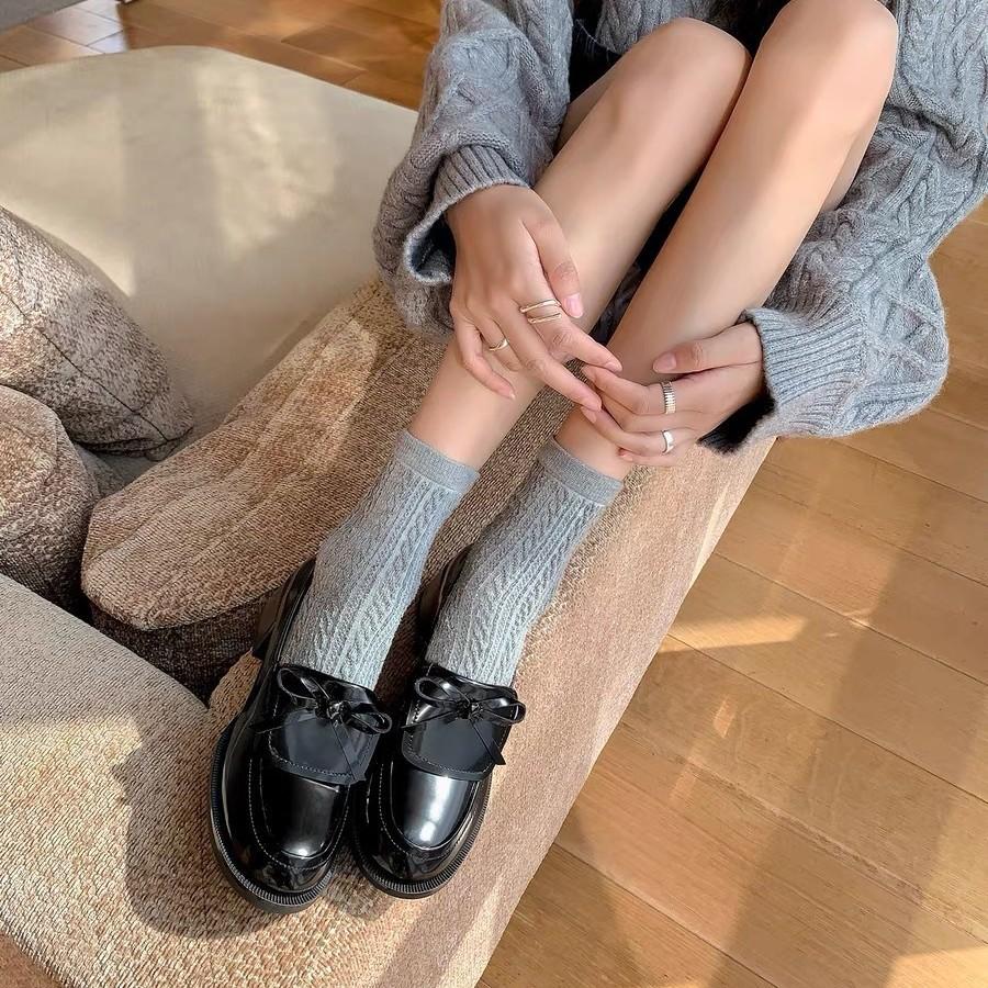Cowhide Version~ Ballet Style Bow High Heel Small Leather Shoes Thick Heel Single Shoes Women's Platform Loafers British Style Women's Shoes