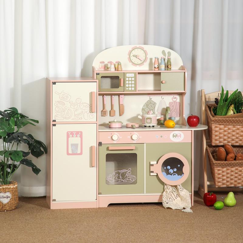 Wooden Play Kitchen Set: Green Refrigerator & Cooking Toys for Kids