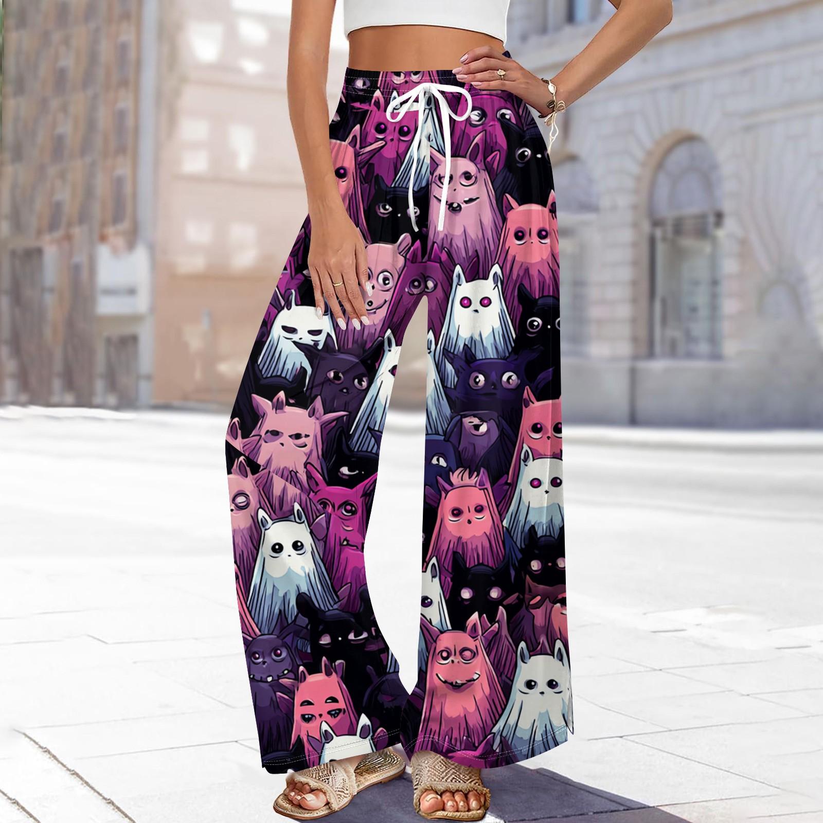 

Женские повседневные модные брюки прямого кроя с широкими штанинами, эластичной талией на кулиске, карманами и принтом на Хэллоуин L фиолетовый