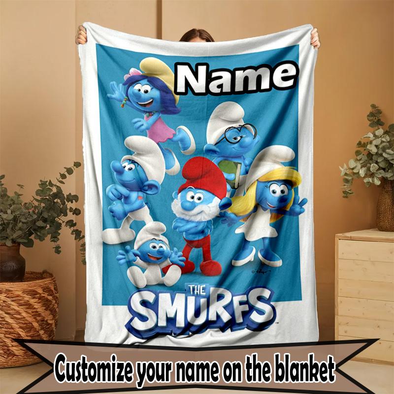 Custom Name Personalized Blue Smurfs Print Blanket, Home Decor, Bedroom, Sofa, Camping, Couch, Gifts for Birthday Christmas