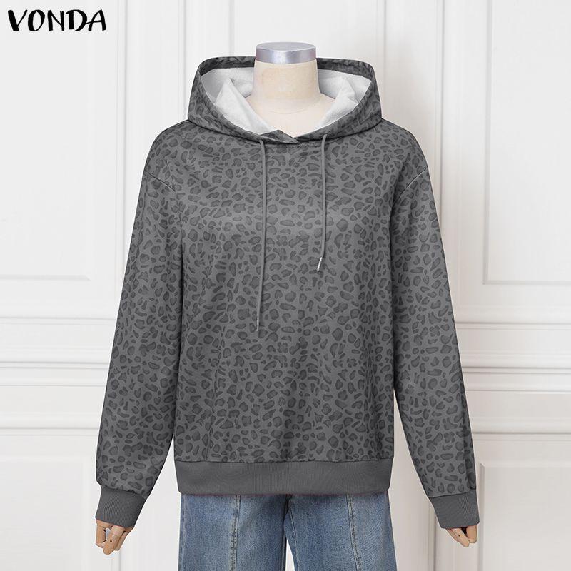 

VONDA Women Hoodies Casual Long Sleeve Leopard Print Thin Hooded Sweatshirts 5XL темно-серого