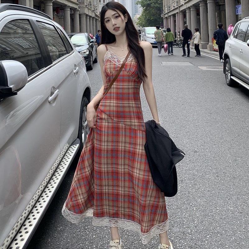 Sukienka bez rękawów w czerwoną kratę damska Midi Harajuku Hotsweet letnia koronkowa sukienka Spaghetti dla pań sukienka retro z wysokim stanem