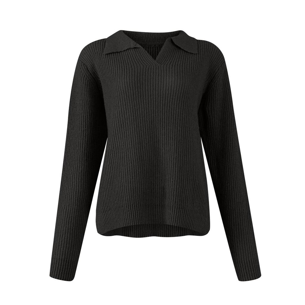 Pull-over pour femme à la mode, couleur unie, à revers, manches longues, tendance et polyvalent