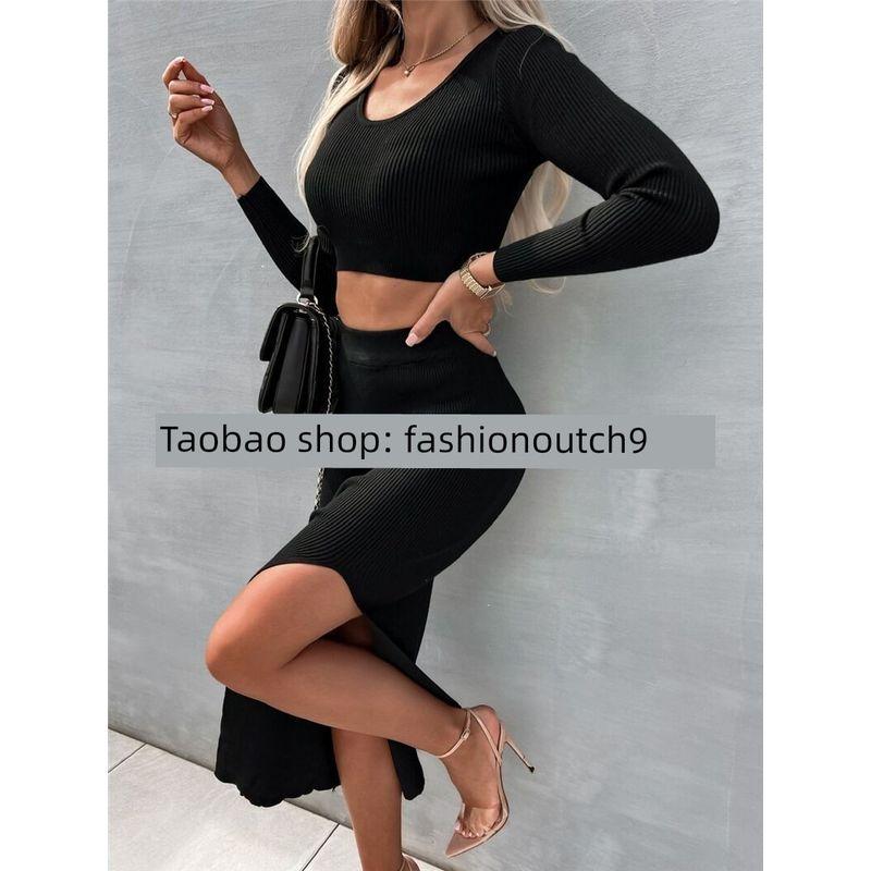 

2025 Круглый вырез Неправильная юбка-полусолнце Приталенный комплект Костюм с разрезом Black S