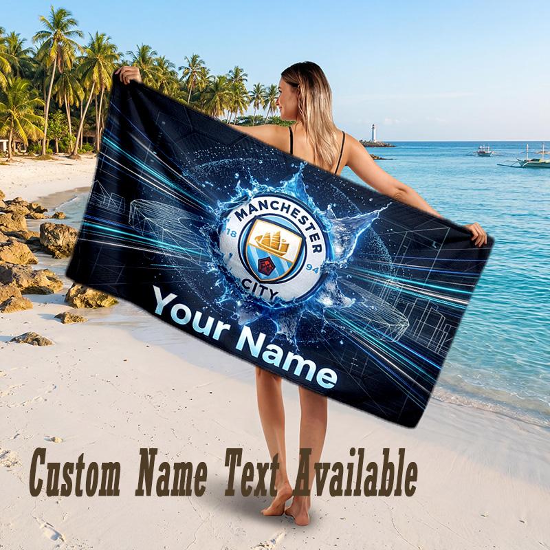 Manchester City Design Beach Towel Custom Text Large Towel for Beach Vacation