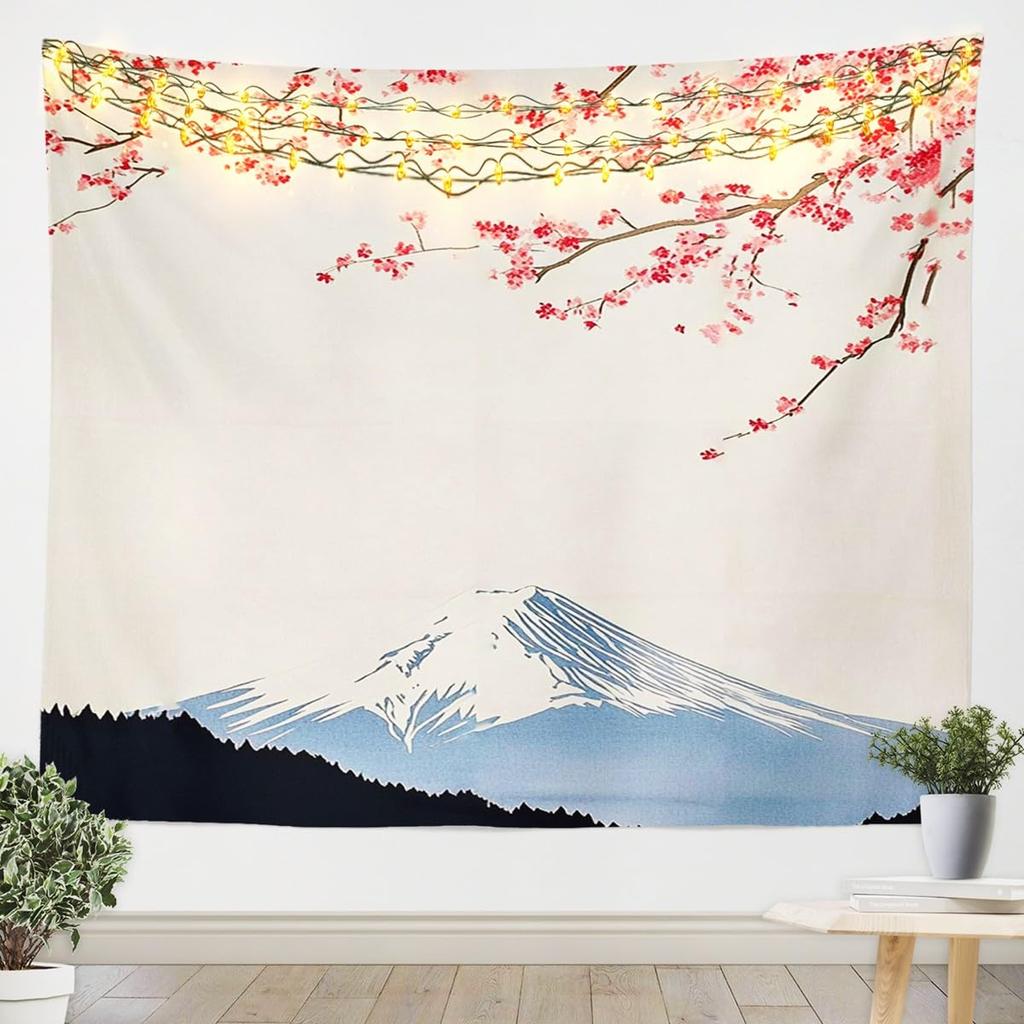 Japanese Crane Tapestry, Black Background with Red Sun, White Clouds and Sakura Print Wall Hanging for Bedroom,Living Room Decor