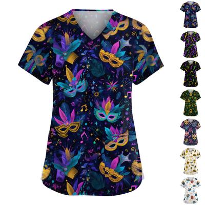 Women's Fashion V-Neck Short Sleeve Overalls With Pockets  Print Tops  Clothes