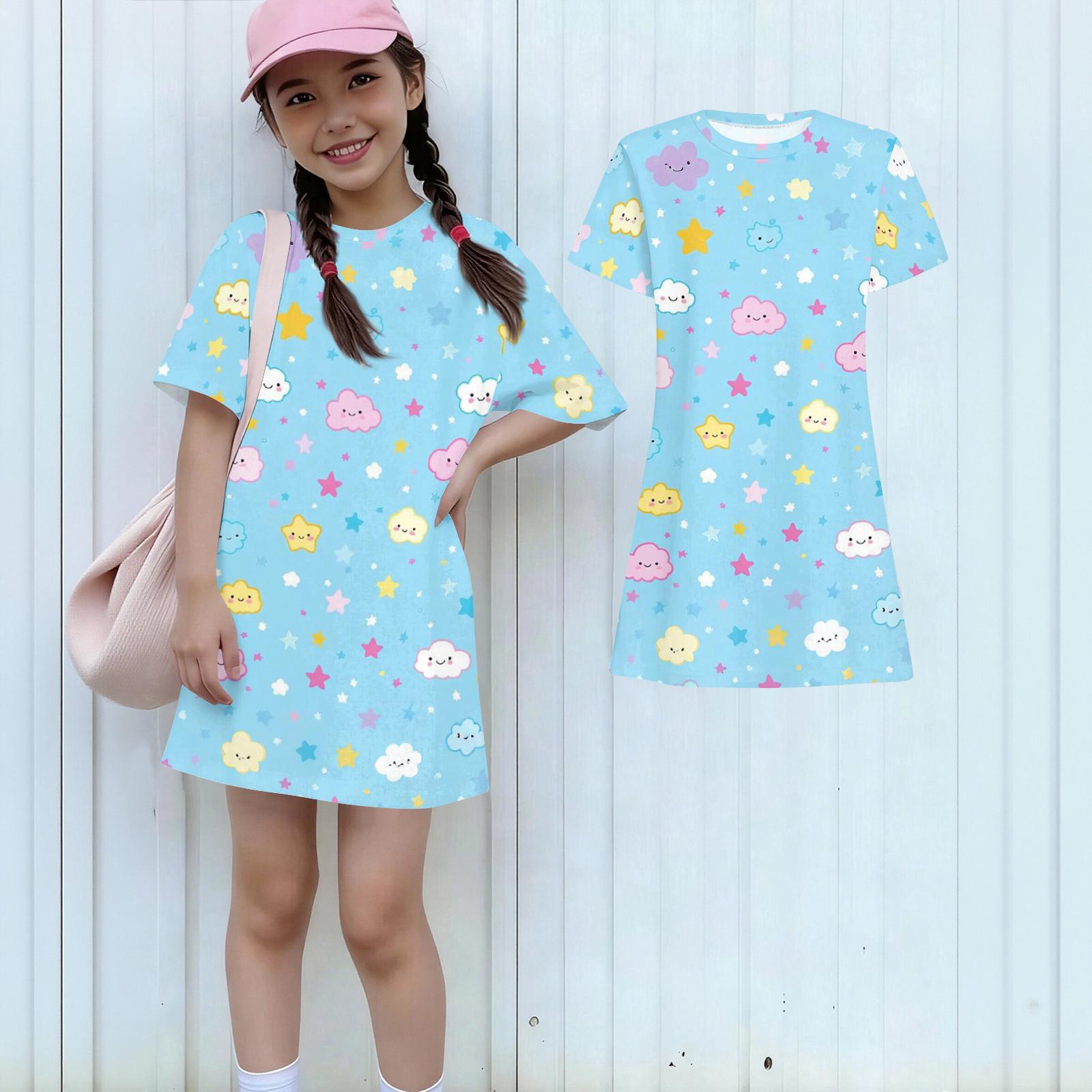 Girls Print Casual Dress Kids Loose Round Neck Short Sleeve Thin Sundress 160 синий