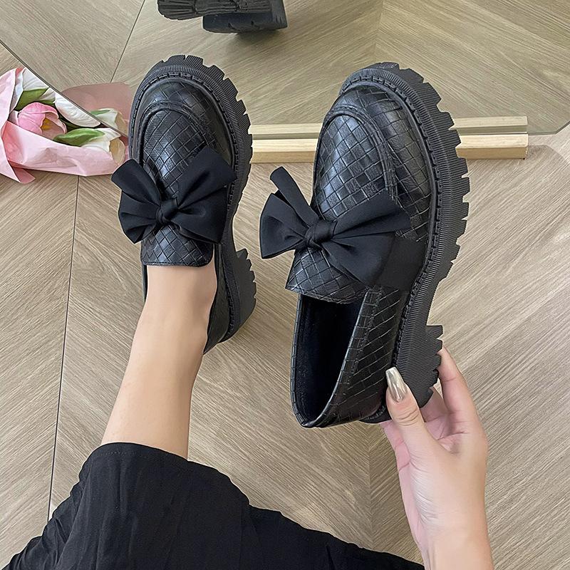 British Style Small Leather Shoes Women'S Versatile Flat Bottom Solid Color Bow Shoes One Pedal Loafers Women