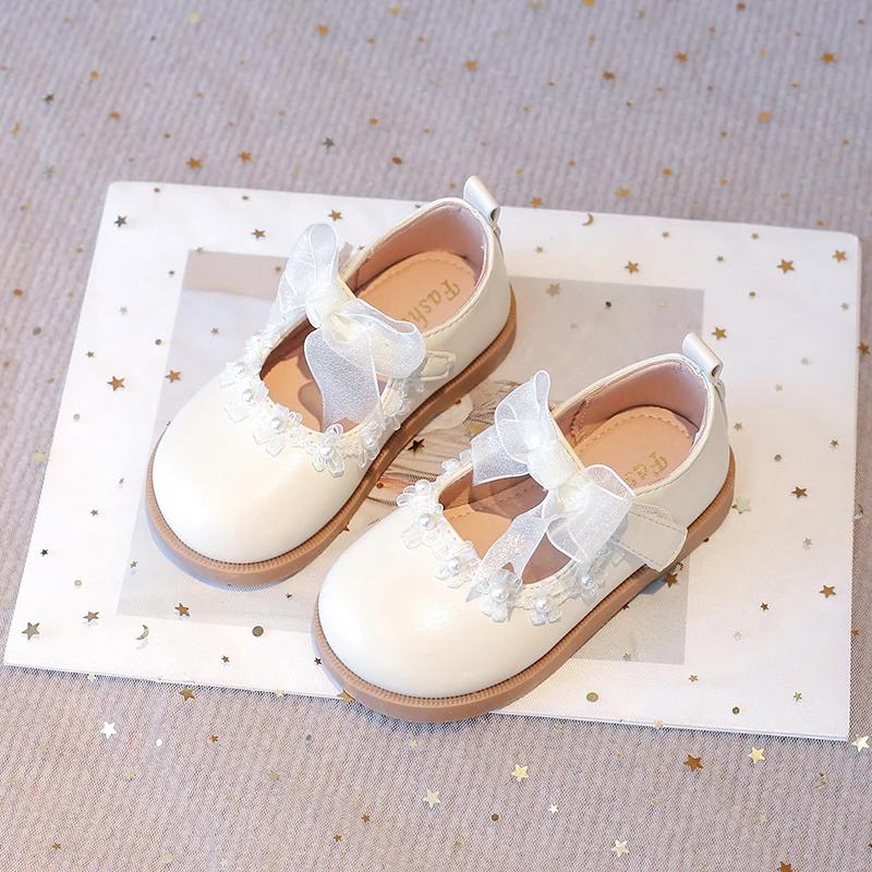 Baby Girls Flat Mary Janes for Wedding Party Princess Kids Leather Shoes Lace Bowtie with Beading 2025 Spring Children Flats New