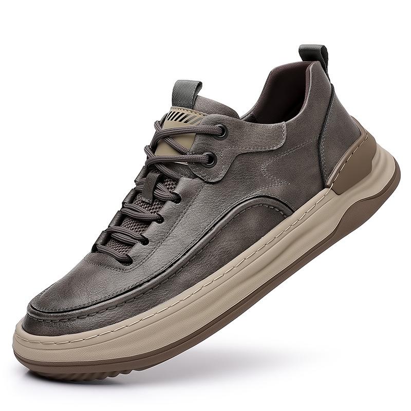 Men's High-Grade Genuine Leather Breathable Board Shoes - Spring/Summer Casual Outdoor Sneakers with Thick Soles, Hand-Stitched Design.