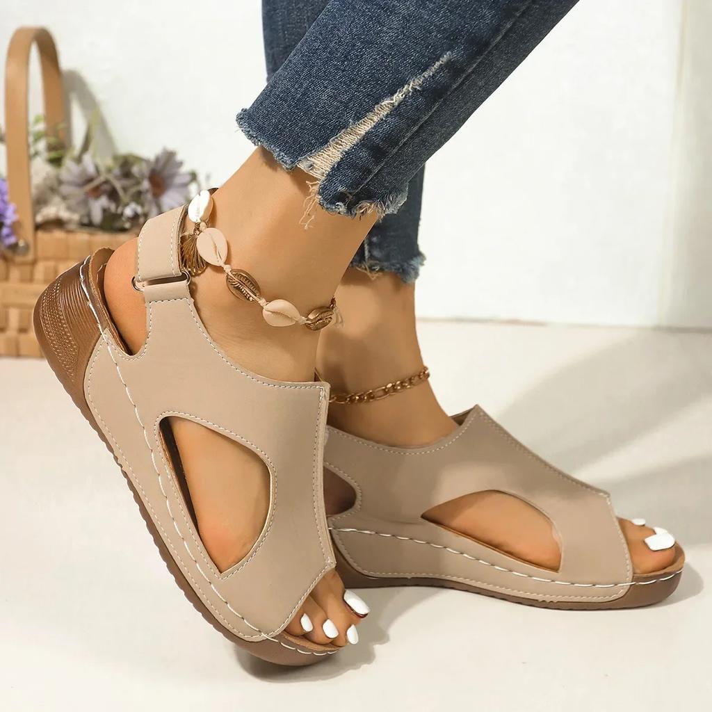 Fashion Velcro Platform Sandals, Women's Sewing Line Breathable Hollow Wedge Heel Beach Sandals