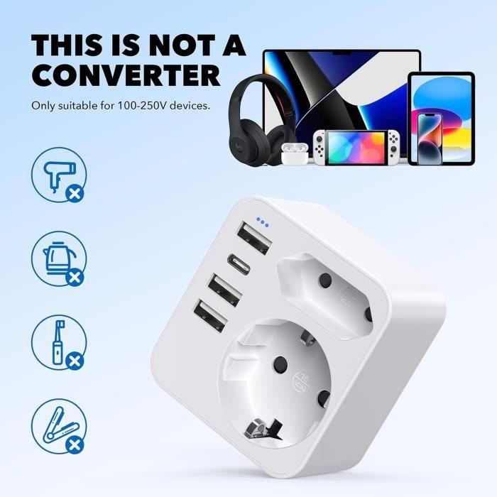 Adaptateur - Septseven - 6 en 1 - 3 USB + 1 Type C - Compatible USA Canada - Compact