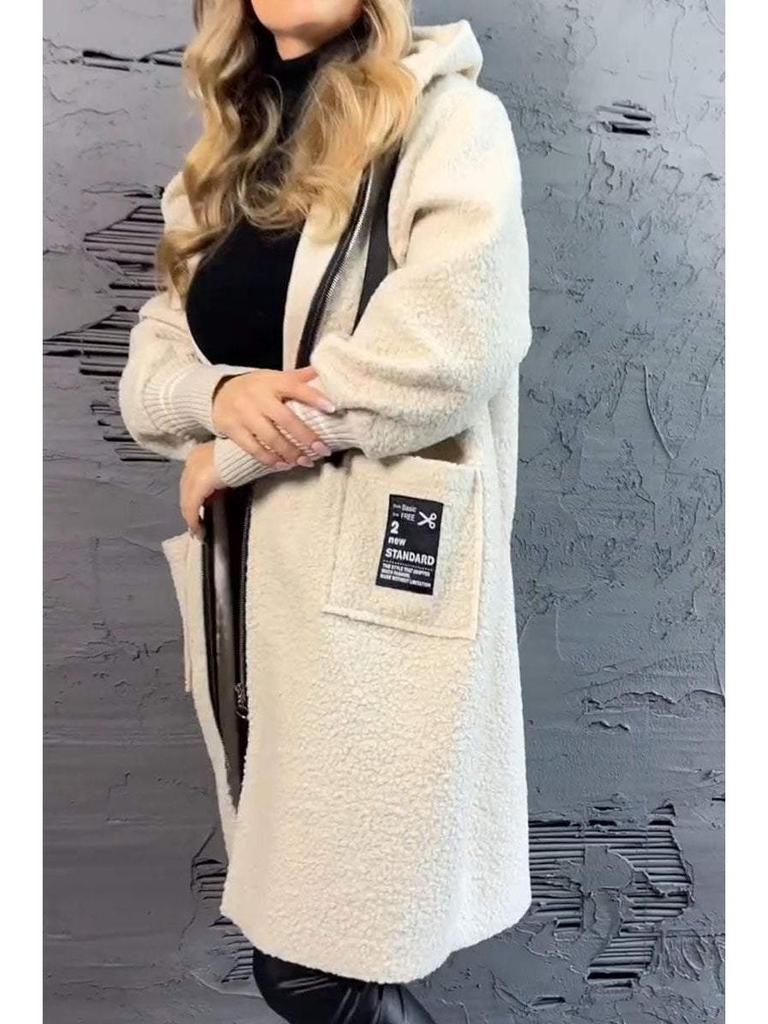 2024 Casual Lambswool Patchwork Letter Hooded Coat with Drawstring Zipper