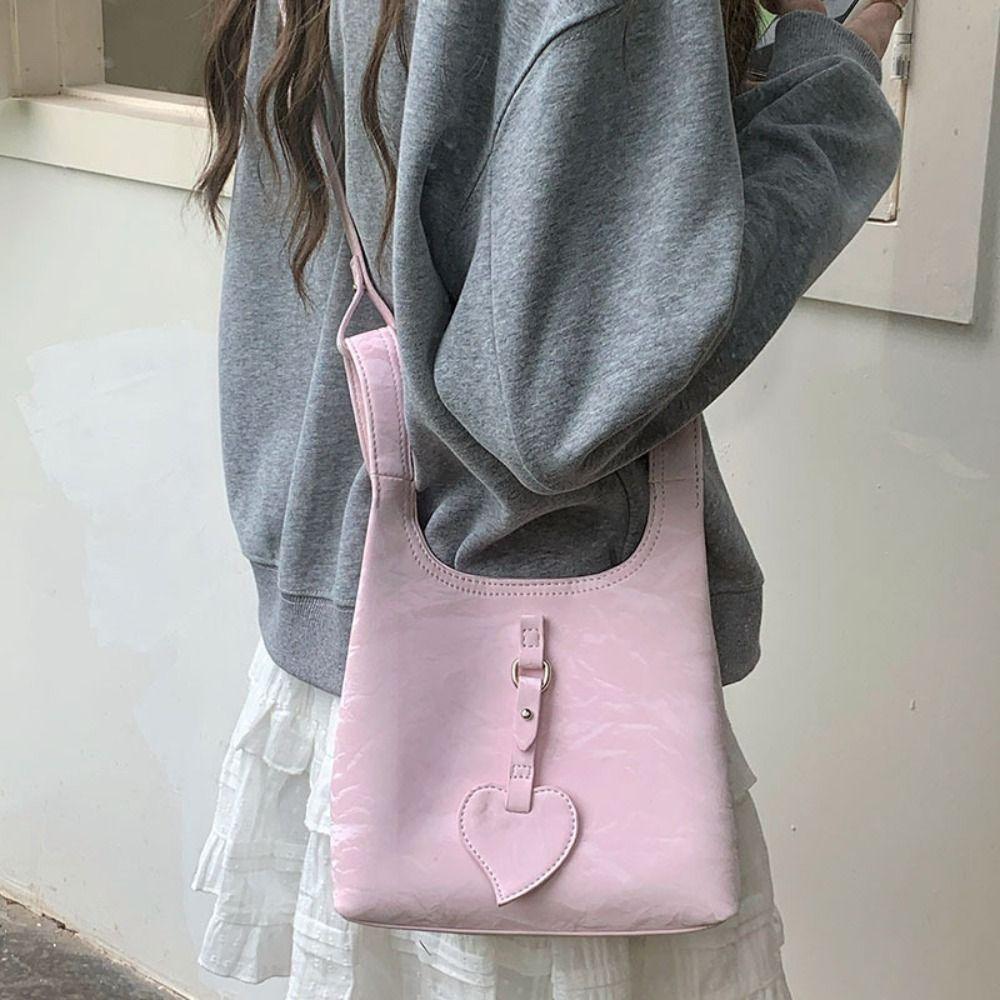 Elegant Love Handbag PU Leather Shoulder Bag Trendy Women Bucket Bag  Girls