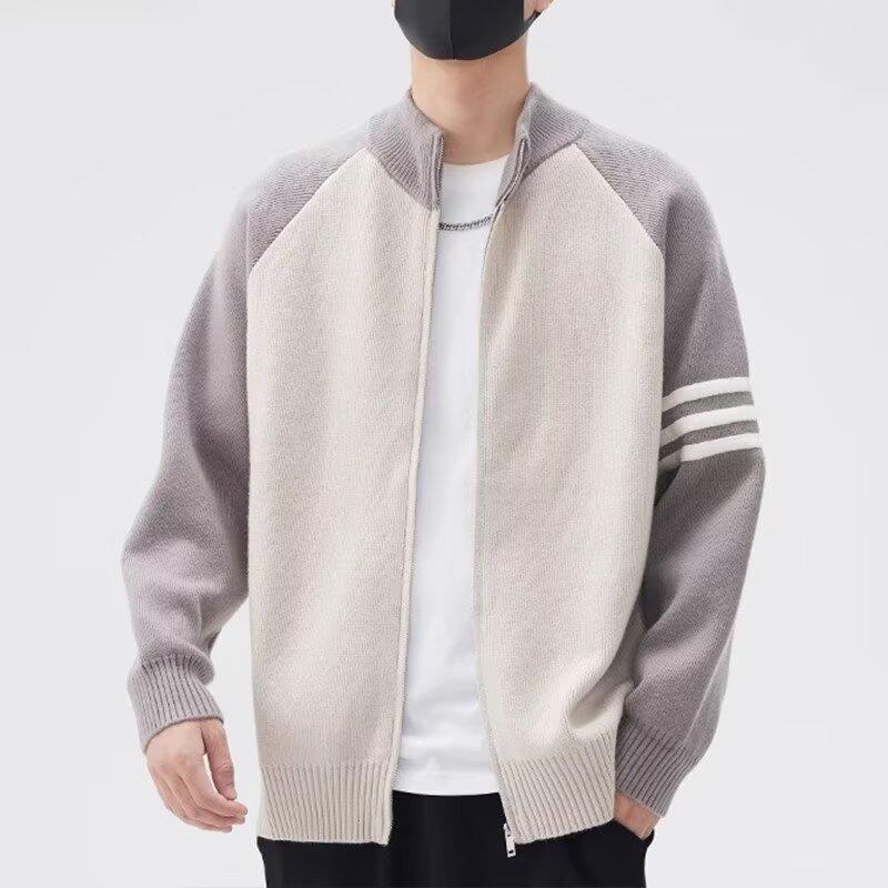 2025 Men's Stand Collar Color Block Cardigan: Trendy Wool Jacket for Spring, Autumn, Winter