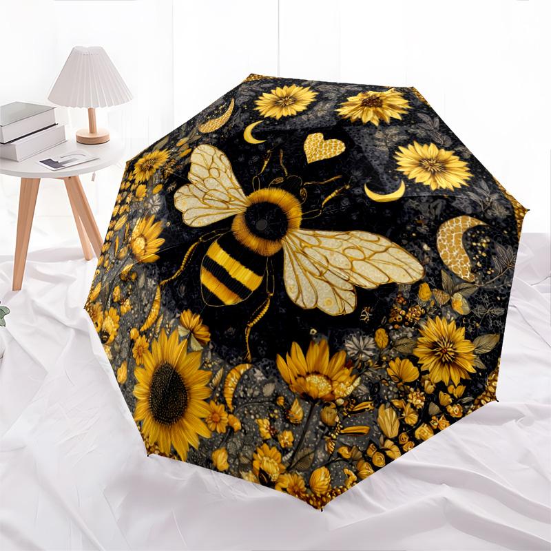 Bee Flower  Pattern, Automatic Folding Umbrella, Portable and Foldable Design, 8 Ribs, a Christmas or Birthday Gift.