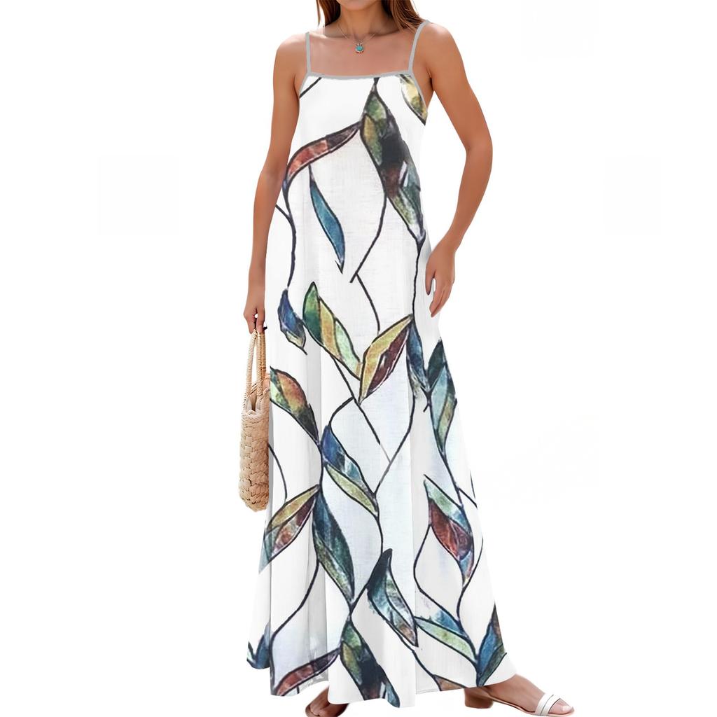 Women's Summer Casual Fashion Adjustable Suspenders Printed Long Dress