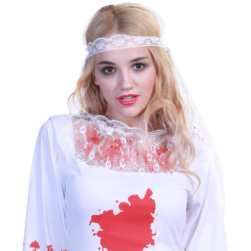 Women Zombie Bride Bloody Costume Lace Scary Outfit Bloodstained Zombie Bride Dress for Festival Holiday Party S