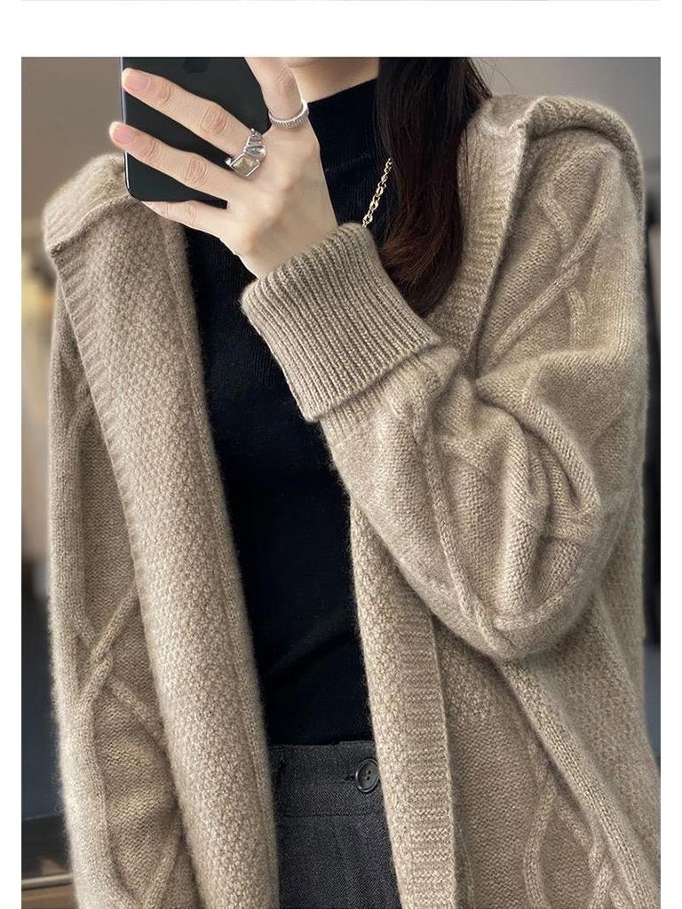 Women's Thick Cable Knit Hooded Coat - Mid-Length, Over-the-Knee, Autumn/Winter Outerwear