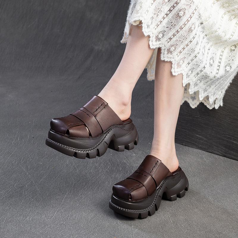 Moda 7cm Mocassini in Vera Pelle di Mucca Scarpe Basse di Gomma Sandali con Zeppa Piattaforma e Gancio Estive Comode e Accoglienti Pantofole Sagomate Scarpe