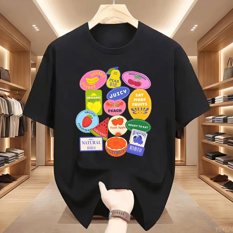 Summer Unisexs Fruit Stickers Graphic Print Tshirt Streetwear Oversized Loose Casual Short Sleeve Suitable For All Seasons Tops