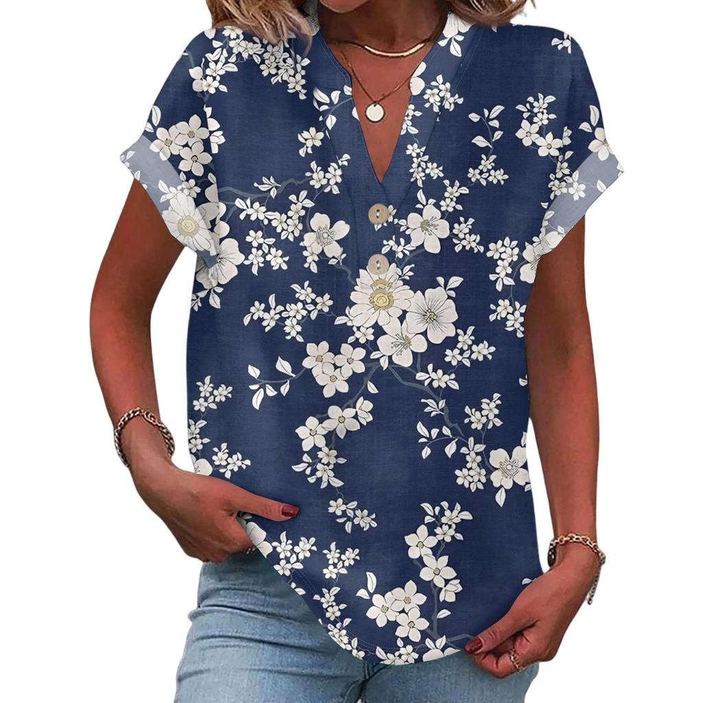 Damen Lässige Mode V-Ausschnitt Knopf Floraler Druck Kurzarm Top