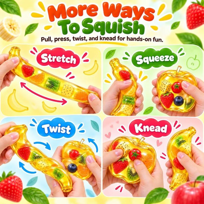 Fruit Filled Squishy Toy, Clear Apple Banana Coconut Oil Squishy with Fruit Inside Soft Durable Slow Rising for Stress Relief